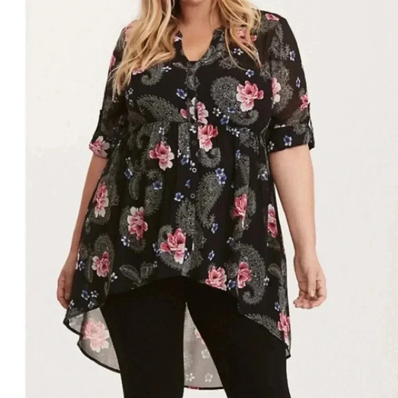 Torrid Paisley Print Chiffon Button Front Hi-Low Top - Picture 2 of 8
